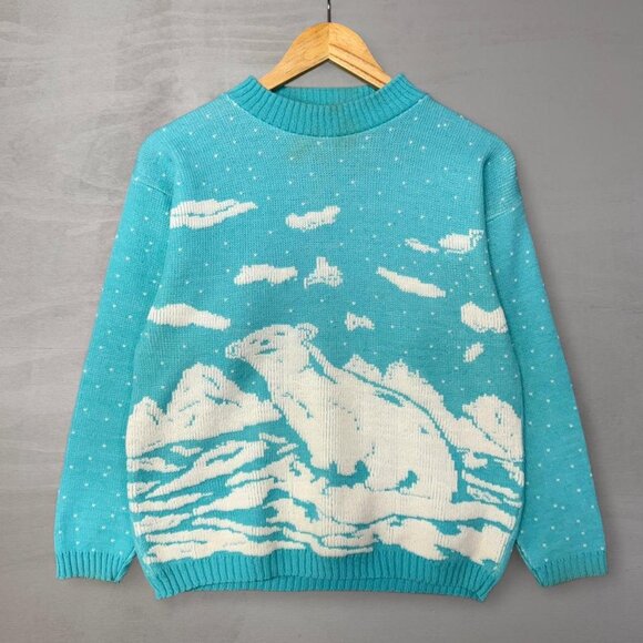 Vintage Burlington Ice Polar Bear 80s Blue Retro  Sweater Size Medium - Picture 1 of 5